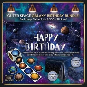 Space Galaxy Birthday Backdrop, Table Cloth & 500 Stickers Bundle